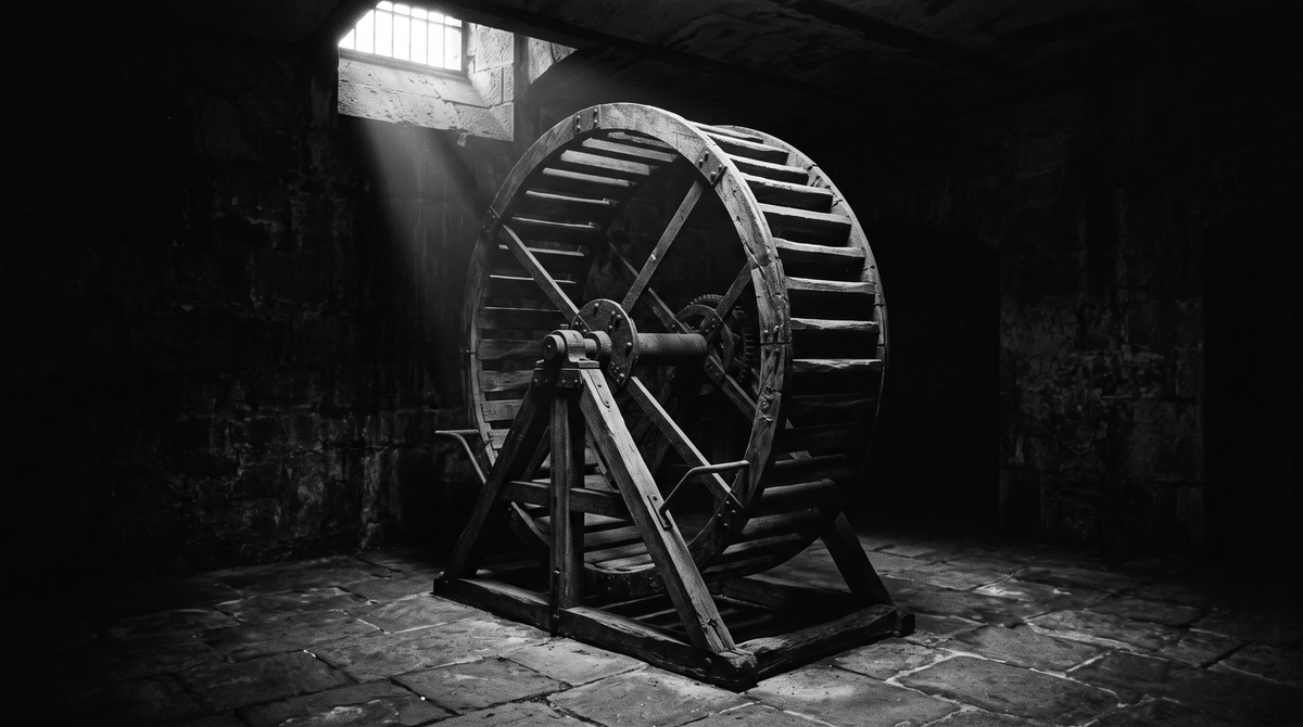 A weathered antique Victorian-era prison treadwheel machine, stark and dark editorial photograph