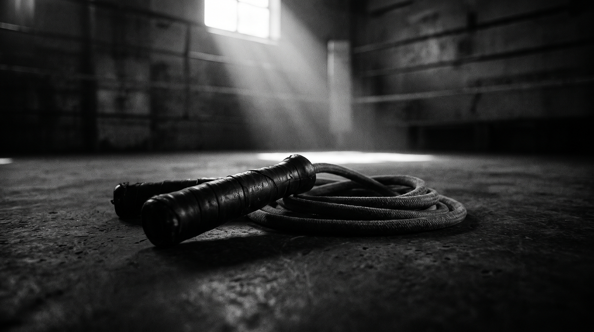 Weighted jump rope coiled on a dark gym floor, editorial photograph