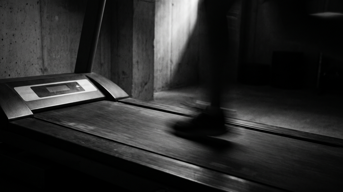 Dark cinematic black-and-white photograph of a treadmill belt in motion
