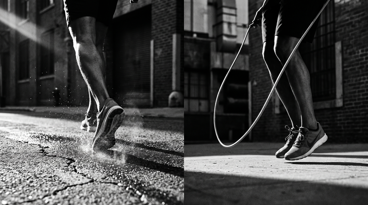 Dark cinematic black-and-white photograph contrasting running and jump rope landing mechanics