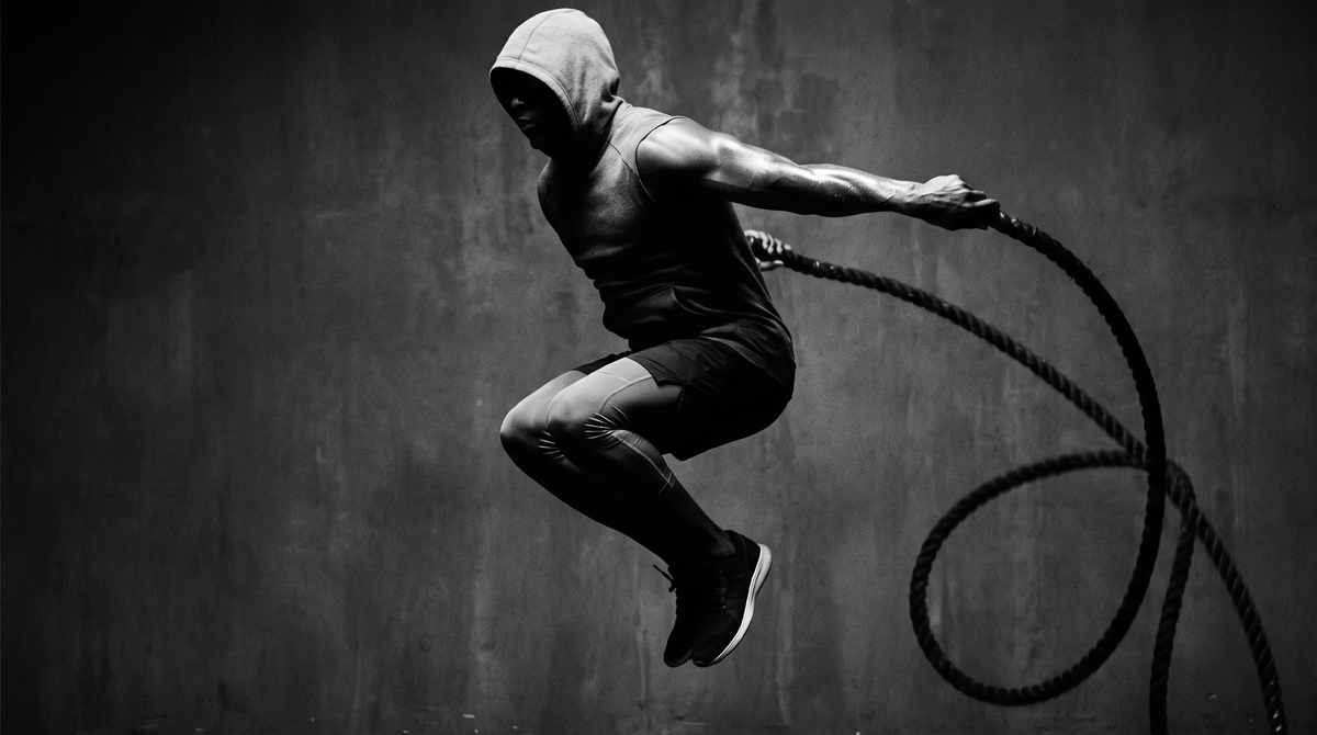 Dark cinematic black-and-white photograph of an athlete mid-jump with a weighted rope