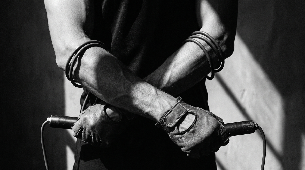 Dark cinematic black-and-white photograph of hands demonstrating correct jump rope form