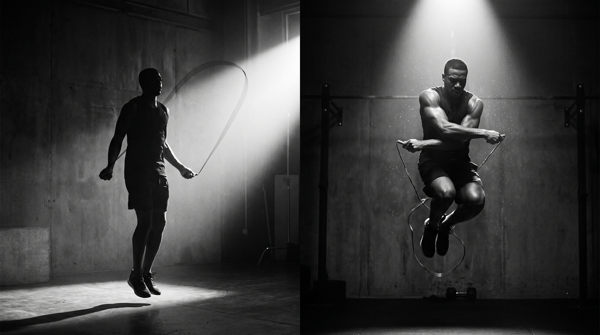 Dark cinematic black-and-white photograph contrasting steady and explosive jump rope training