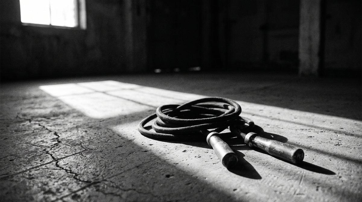 High-contrast black and white editorial photograph of a weighted jump rope coiled on concrete floor with dramatic side lighting