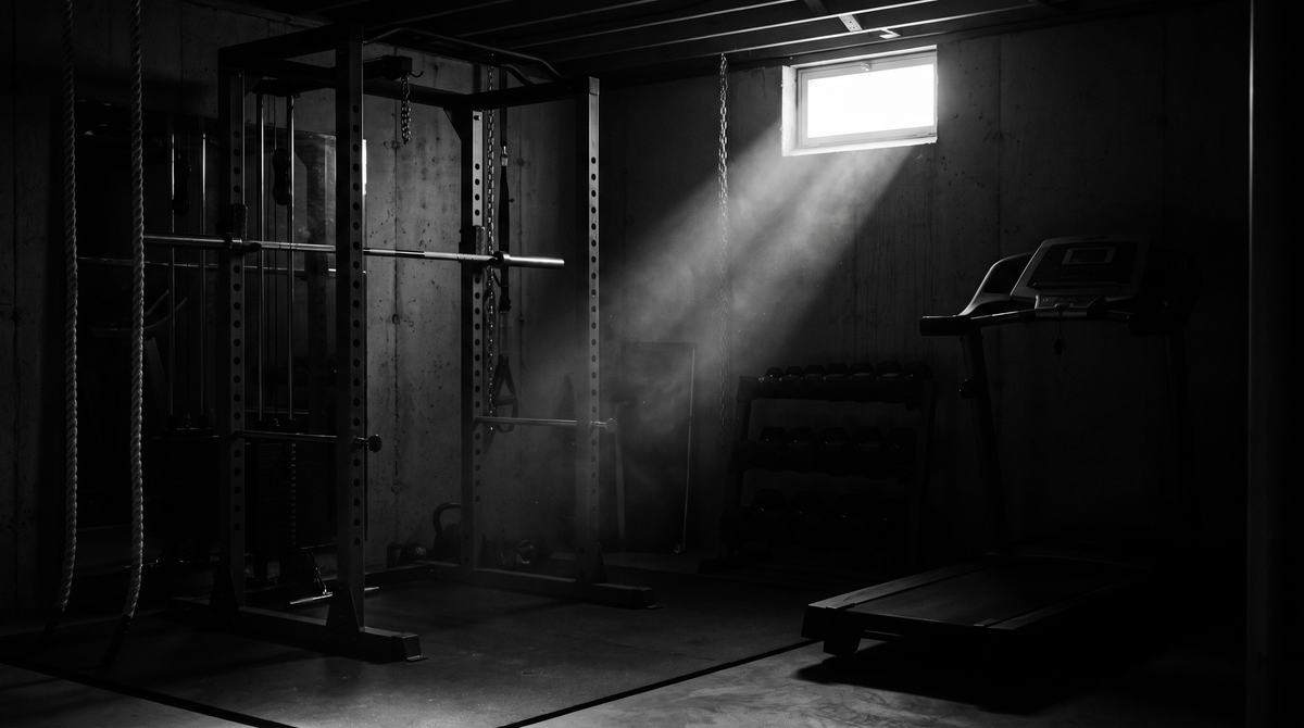Dimly lit black-and-white photograph of an empty home garage gym with a squat rack and treadmill in dramatic shadow