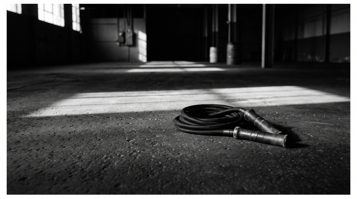 Black and white editorial photograph of a weighted jump rope coiled on a dark concrete floor with dramatic directional lighting