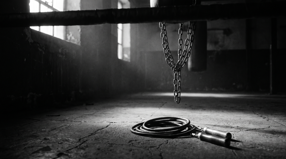 High-contrast black-and-white editorial photograph of a boxing gym heavy bag chain in shadow next to a coiled weighted jump rope on dark concrete