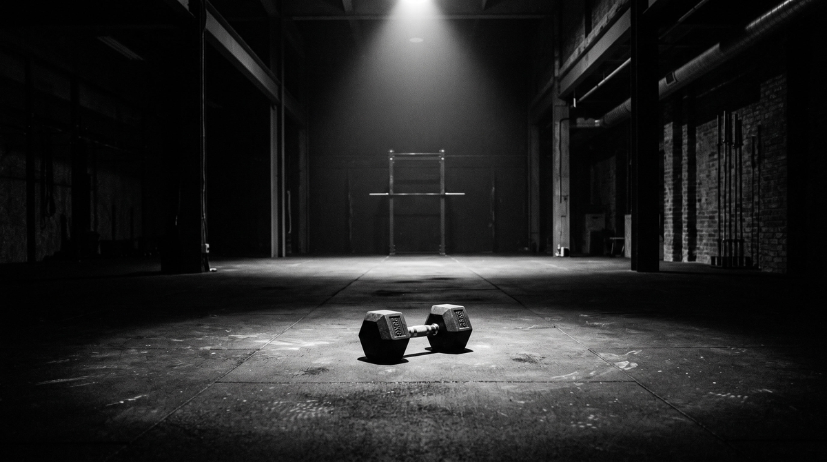 High-contrast black-and-white editorial photo of a single dumbbell under a spotlight in an empty, dark gym