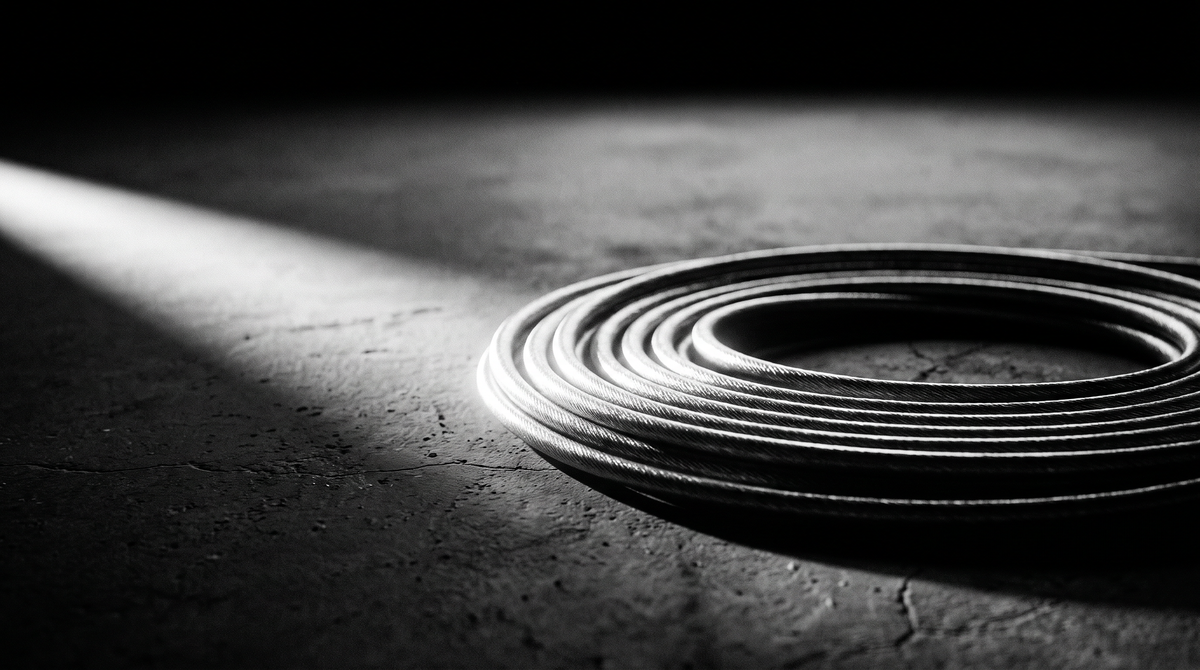 High-contrast black-and-white editorial photograph of a weighted jump rope cable coiled on dark concrete, dramatic side lighting