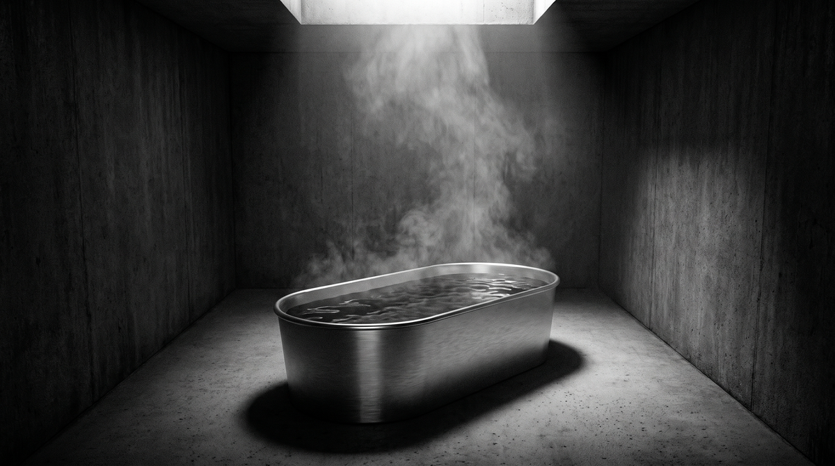 A single stainless steel cold plunge tub in a dark, minimal concrete room, cinematic black and white editorial photograph