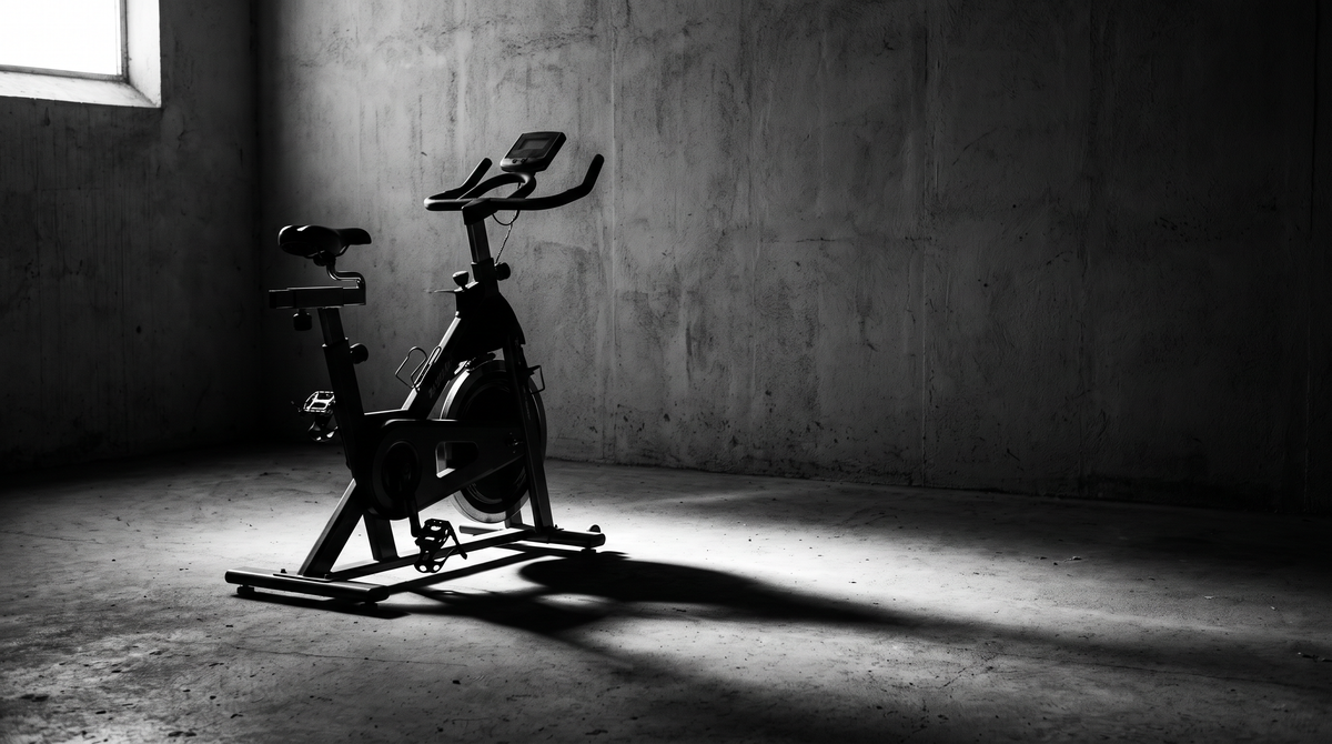 A single stationary exercise bike alone in a dark, minimal concrete room, cinematic black and white editorial photograph