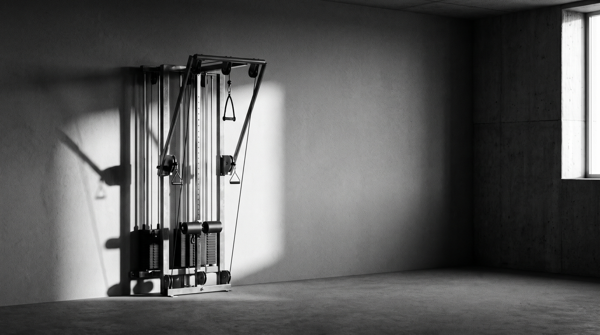 Cinematic black-and-white editorial photograph of a wall-mounted cable strength training machine in a dark, minimal room