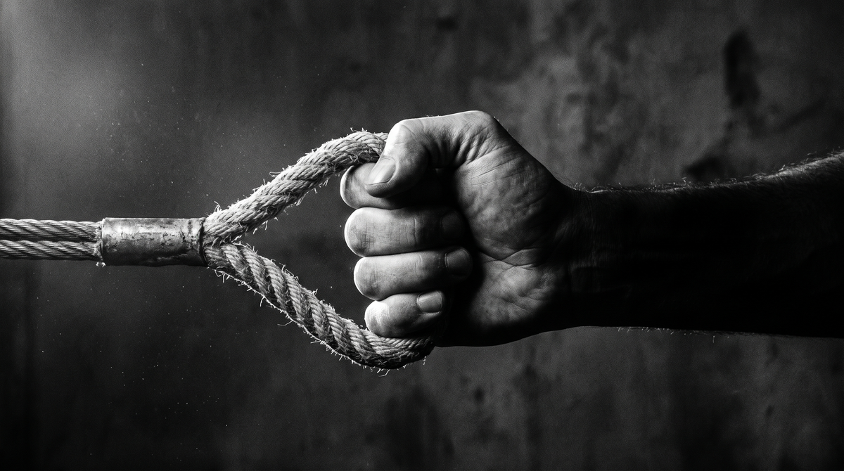 Cinematic black-and-white close-up of a hand gripping a weighted cable handle under tension