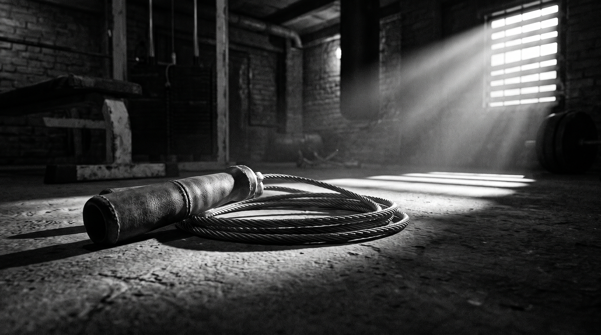 High-contrast black-and-white editorial photograph of a weighted jump rope coiled on dark concrete, dramatic side lighting