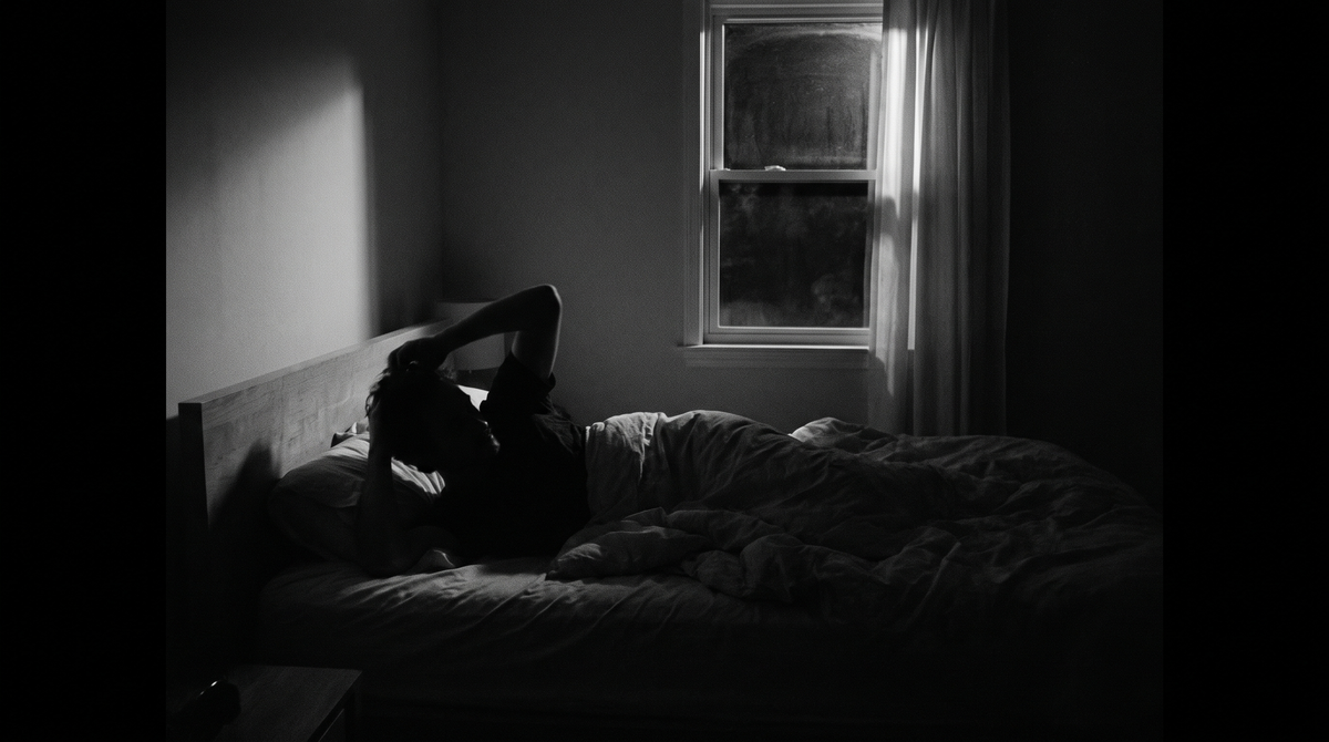 Black and white editorial photograph of a silhouetted figure lying awake in bed at night, dramatic side lighting