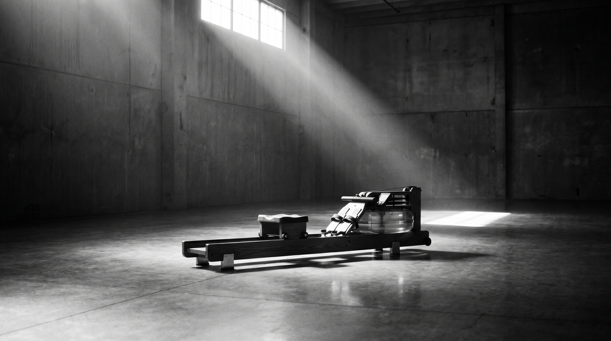 Cinematic black-and-white editorial photograph of a minimalist rowing machine in a dark, empty room with dramatic side lighting