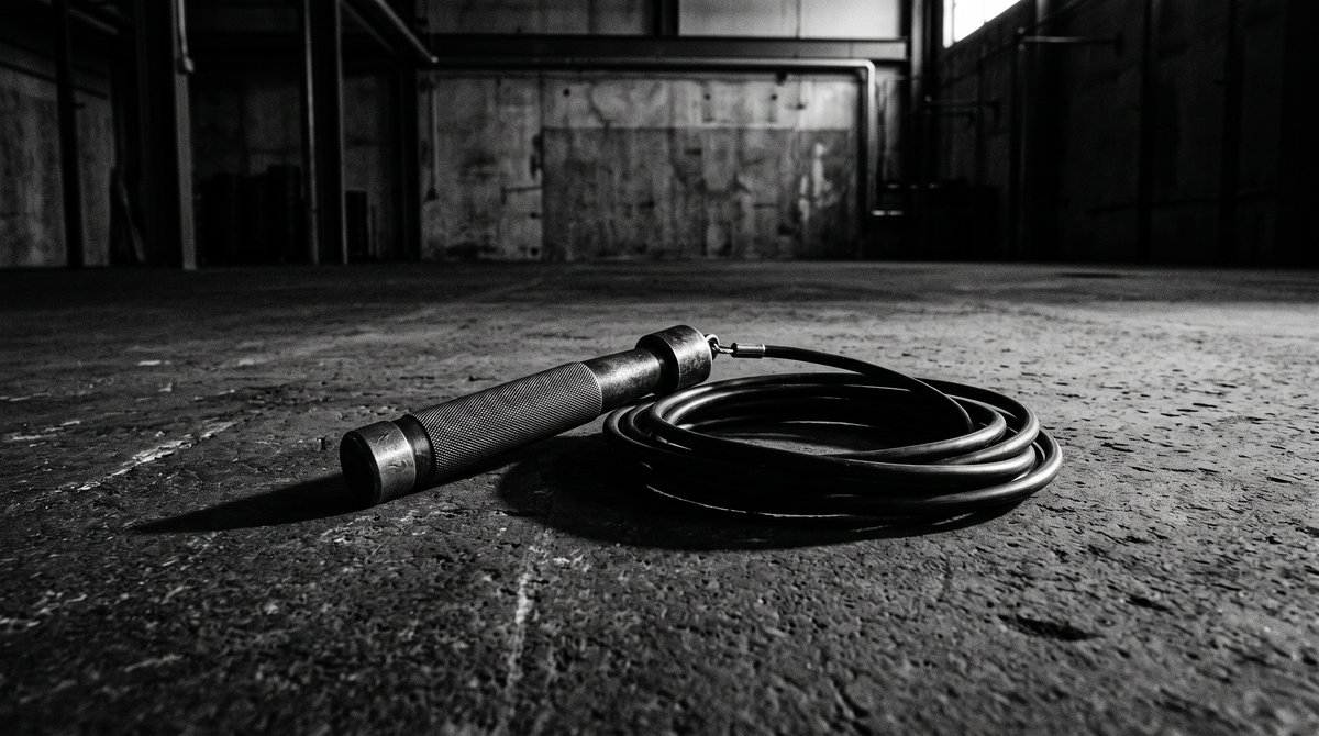 Black and white editorial photo of a weighted jump rope coiled on a concrete floor in an empty industrial gym
