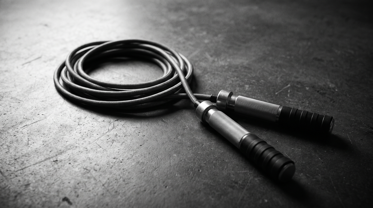 Black and white editorial photograph of a weighted jump rope coiled on a dark studio floor