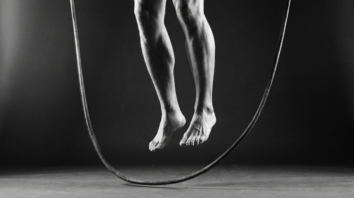 Black and white editorial photograph of an athlete's bare legs and feet mid-jump over a weighted skipping rope in a dark minimal studio