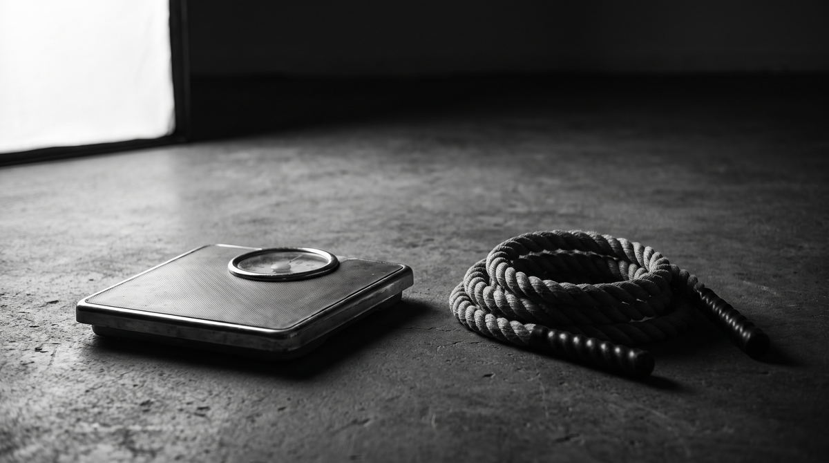 A black-and-white studio photograph of a bathroom scale and a coiled weighted jump rope side by side on a dark floor