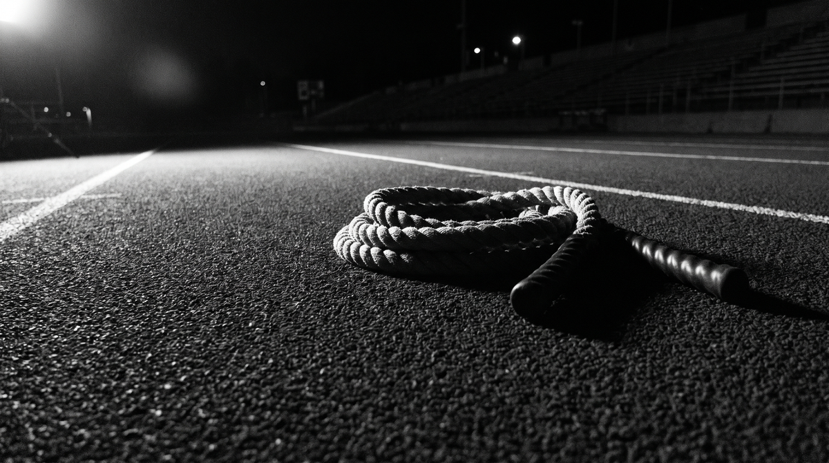 A weighted jump rope coiled on a dark running track lane at night, black and white editorial photograph