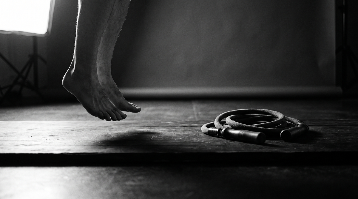 Black and white editorial photograph of bare feet mid-landing beside a coiled weighted jump rope on a wooden studio floor