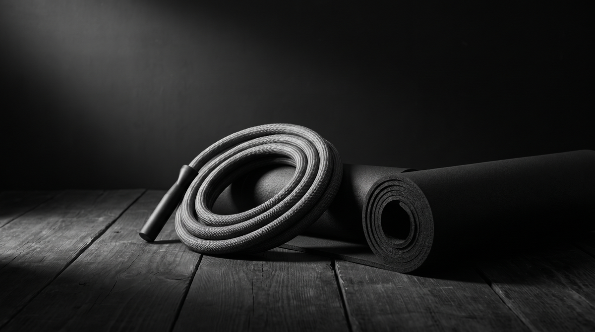A coiled weighted jump rope and a rolled black exercise mat on a dark studio floor, black and white editorial photograph