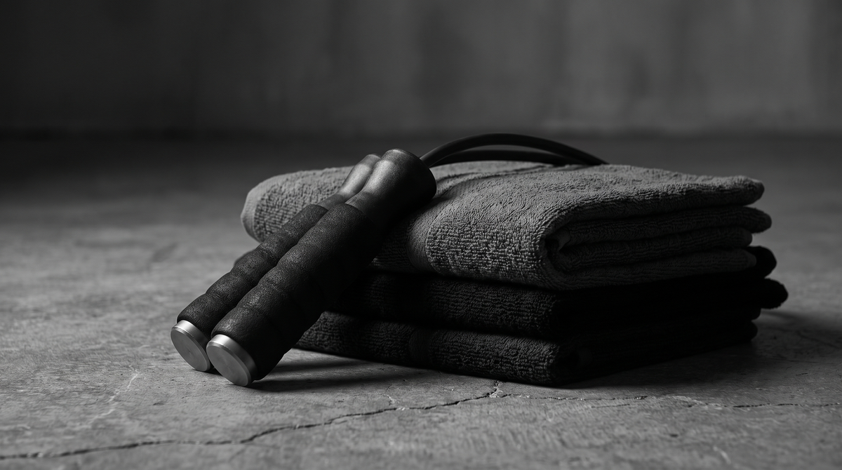 Black and white editorial photograph of a weighted jump rope handle resting on folded gym towels on a dark concrete studio floor