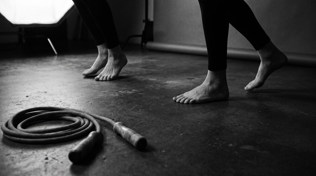 Black and white editorial photograph of bare feet mid-landing in a jump rope stance on a dark studio floor, with a coiled weighted jump rope nearby