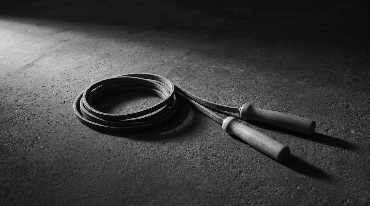 Black and white editorial photograph of a single jump rope coiled on a dark studio floor