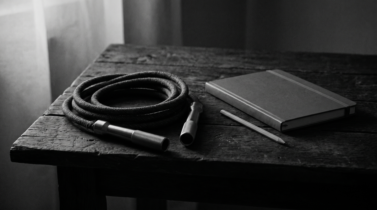 A coiled weighted jump rope resting on a dark wooden desk beside a closed notebook and pencil, black and white editorial photograph
