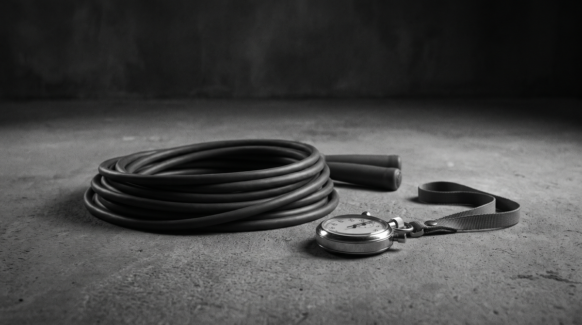 Black and white editorial photograph of a coiled weighted jump rope beside an analog stopwatch on a dark studio floor