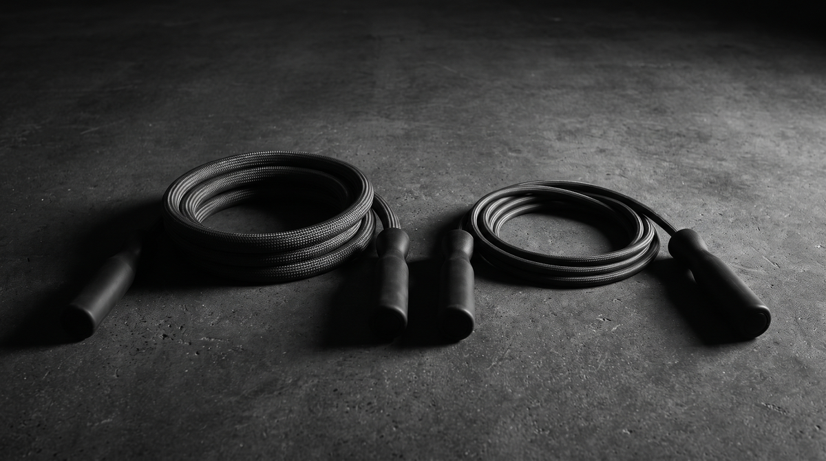Two coiled weighted jump ropes on a dark studio floor, black and white editorial photograph