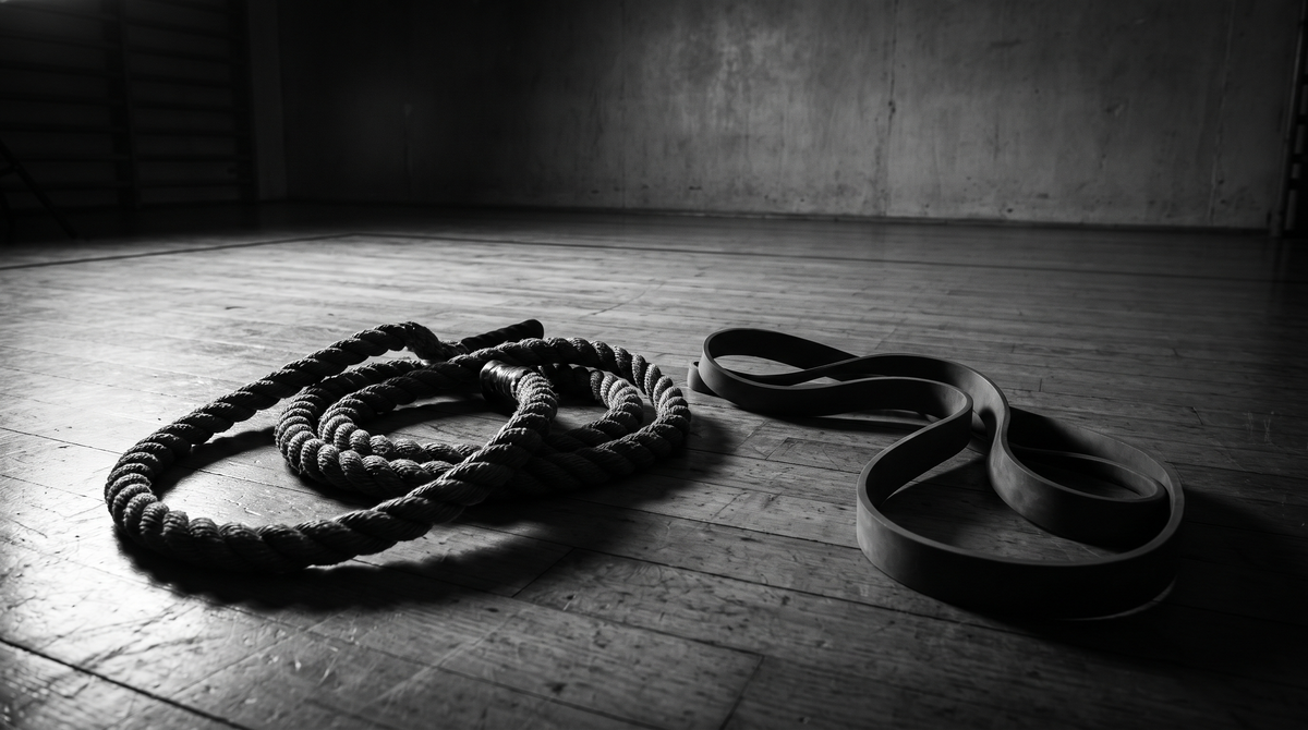 Black and white editorial photograph of a coiled weighted jump rope resting on a dark gymnasium floor beside a resistance training band