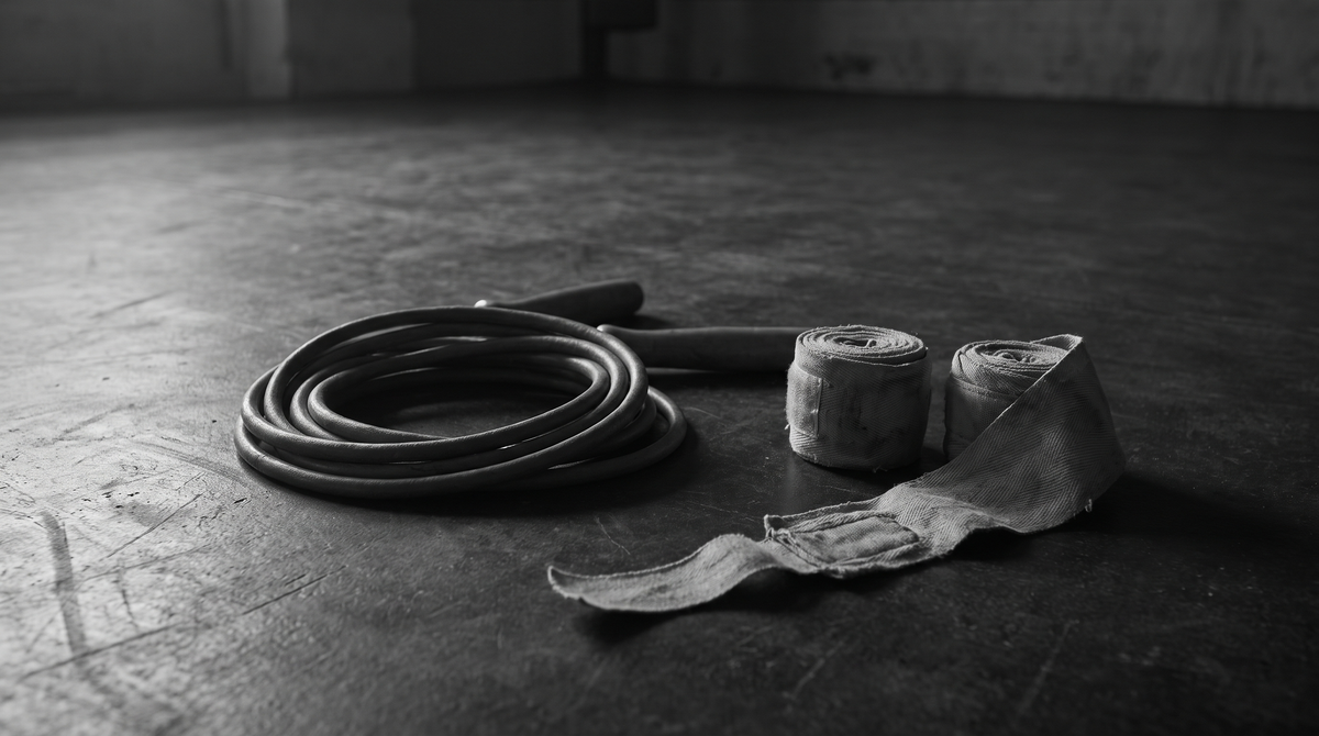 Black and white editorial photograph of a coiled weighted jump rope beside boxing hand wraps on a dark gym floor