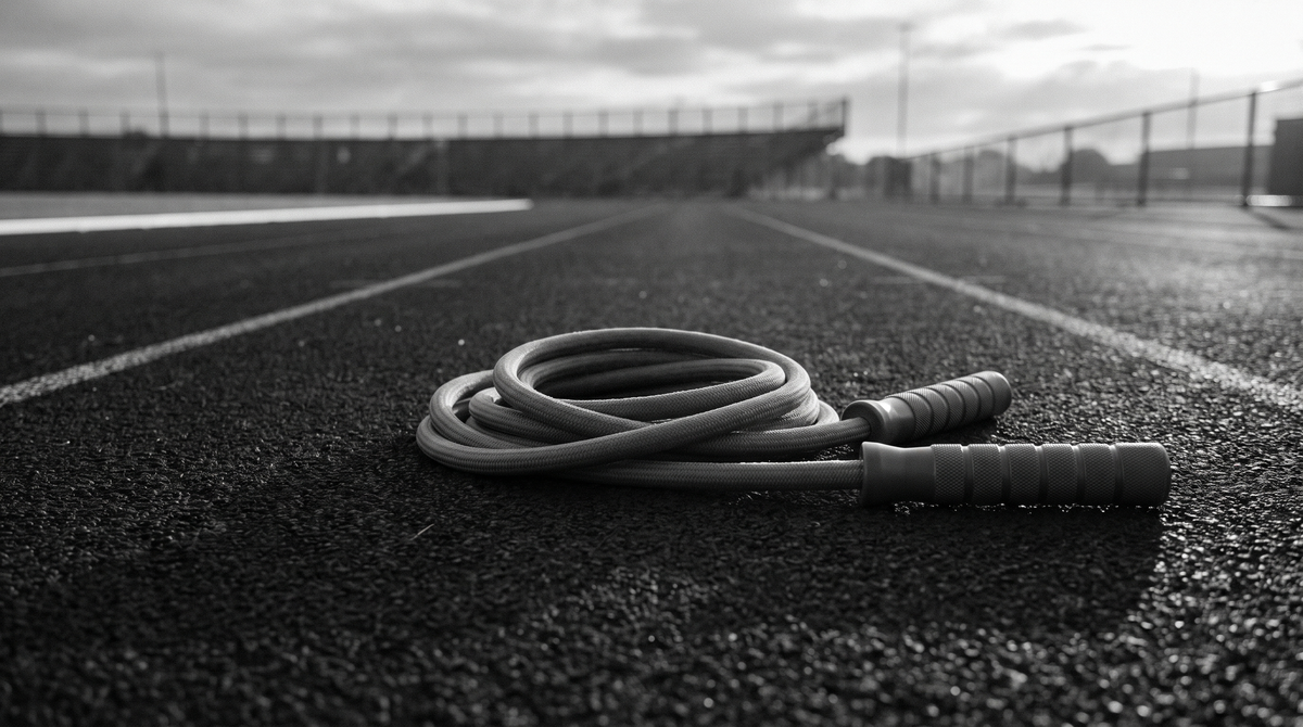 Black-and-white editorial photograph of a coiled weighted jump rope resting on a dark running track lane at dawn
