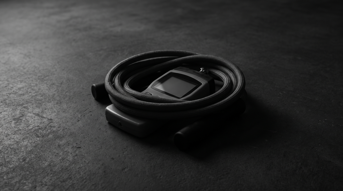 Black and white editorial photograph of a coiled weighted jump rope resting on a digital hand dynamometer device on a dark concrete studio floor