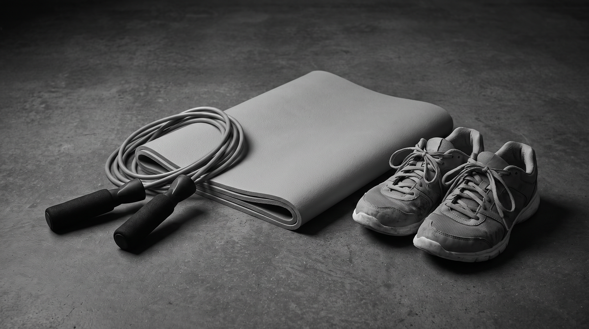 Black and white editorial photograph of a coiled weighted jump rope beside a folded foam exercise mat and training shoes on a dark concrete studio floor