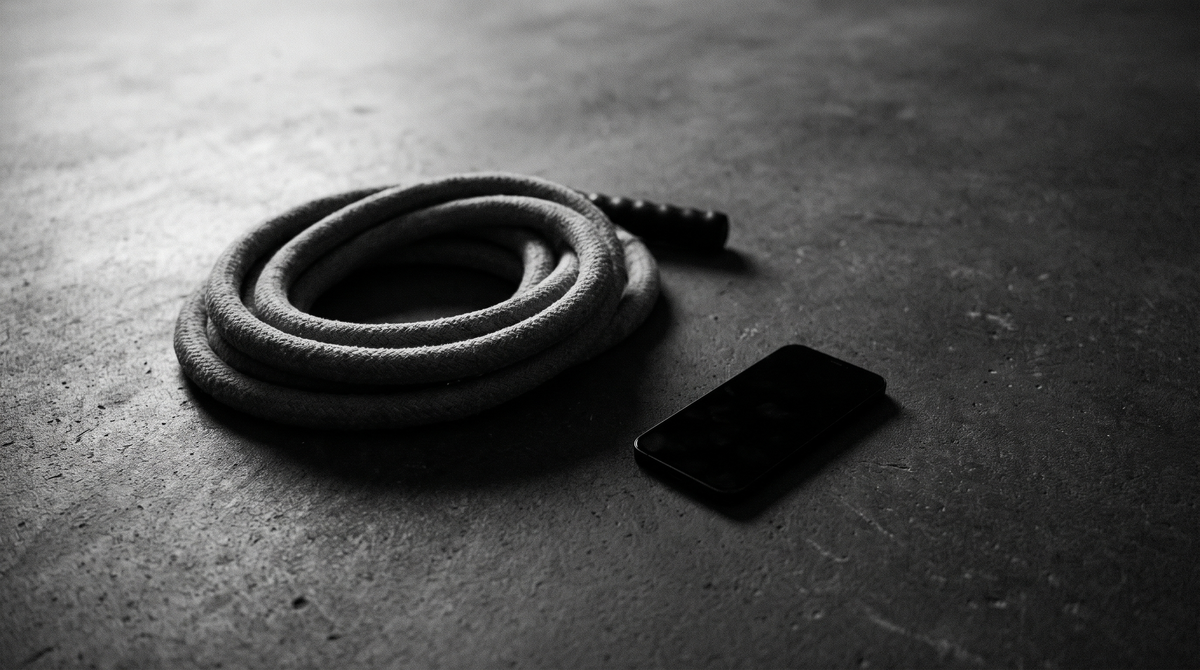 Black-and-white editorial photograph of a coiled weighted jump rope resting on a dark concrete studio floor beside a smartphone lying face-down with its screen dark