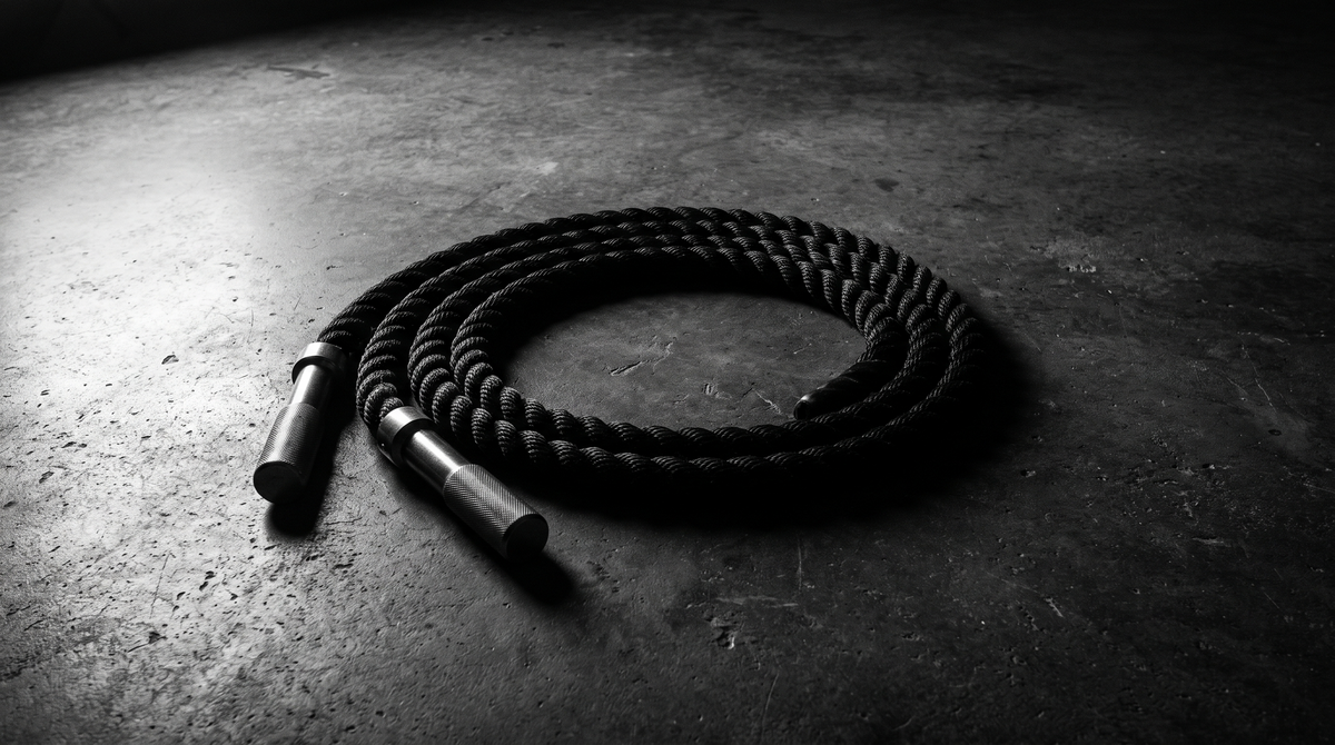 Cinematic black-and-white editorial photograph of a weighted jump rope coiled on a dark concrete studio floor