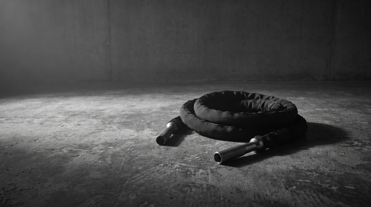 Black and white editorial photograph of a weighted jump rope coiled on a dark concrete studio floor