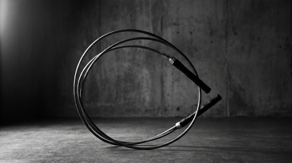 Black and white editorial photograph of a weighted jump rope frozen mid-spin in a dark minimal studio