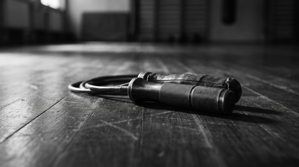 Black and white editorial photograph of a weighted jump rope handle resting on a dark gymnasium floor