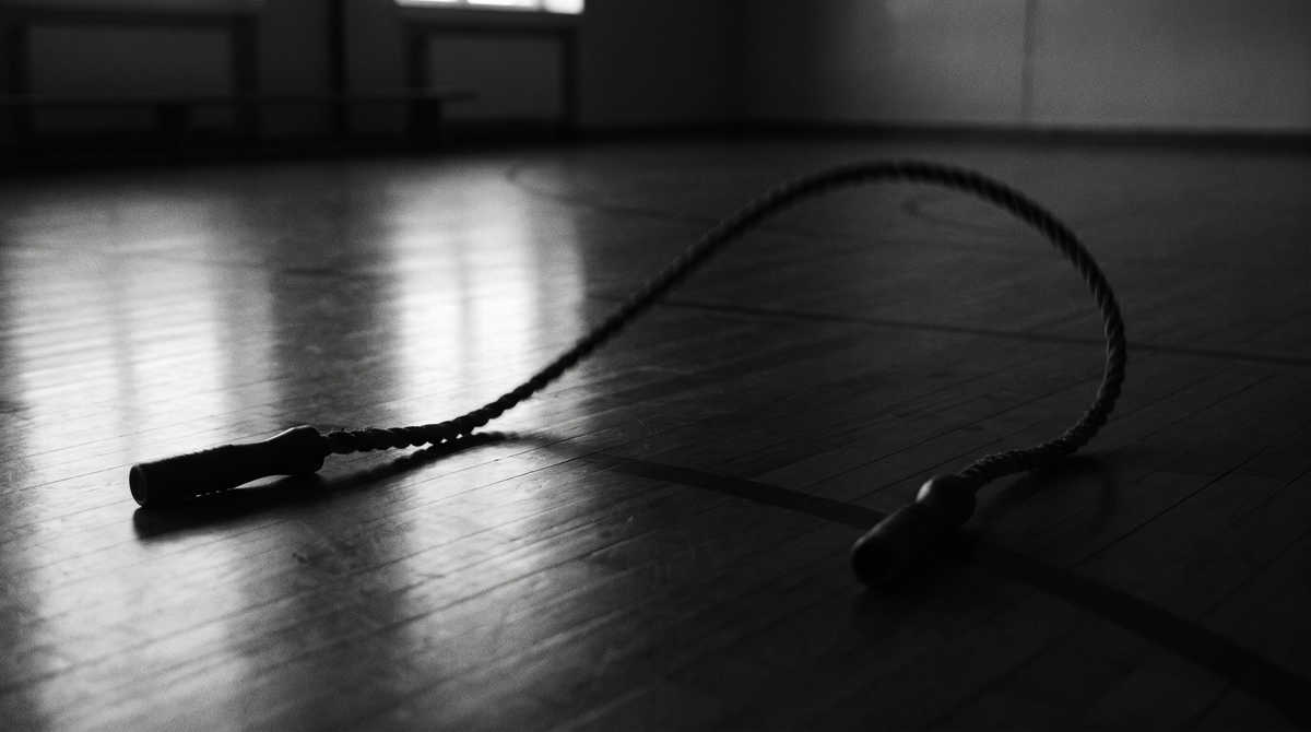 Black and white editorial photograph of a weighted jump rope laid diagonally across a dark gymnasium floor with dramatic side lighting