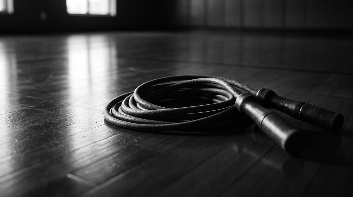 Black and white editorial photograph of a weighted jump rope coiled on a dark gymnasium floor with dramatic side lighting