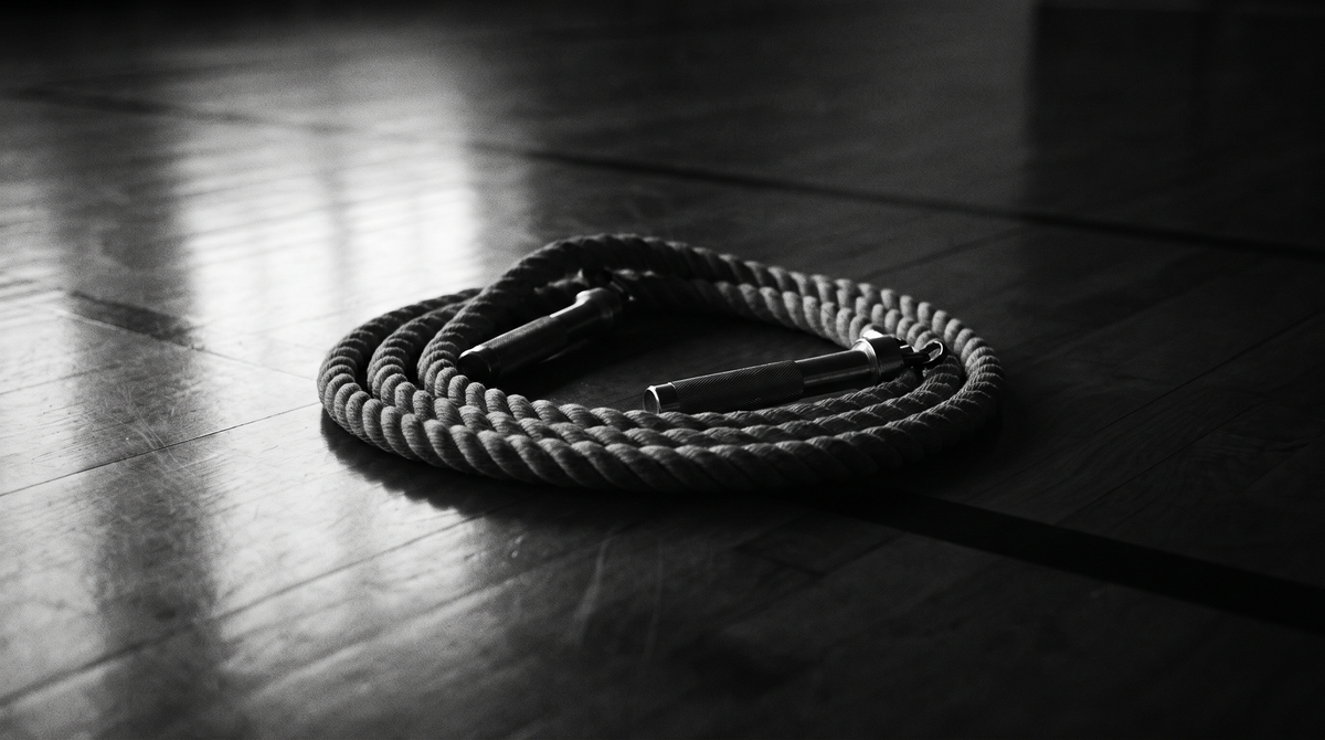 A single weighted jump rope coiled on a dark gymnasium floor, cinematic black and white editorial photograph
