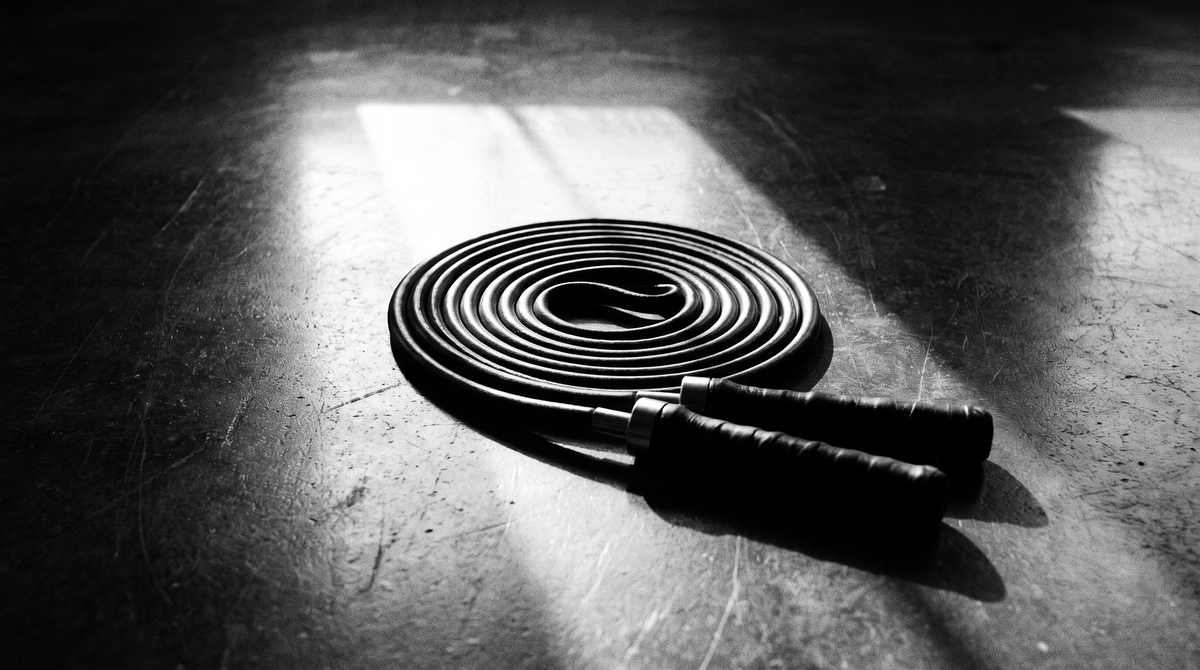 Black and white editorial photograph of a weighted jump rope coiled on a dark concrete studio floor