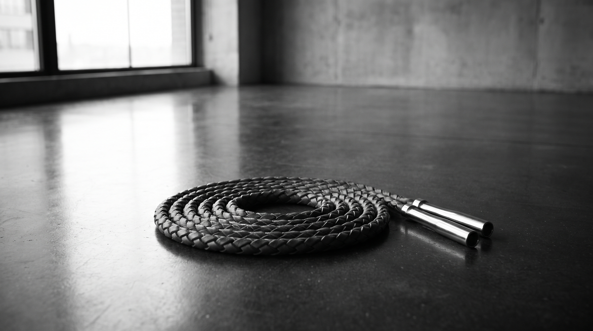 Cinematic black and white editorial photograph of a weighted jump rope coiled on a dark polished concrete studio floor