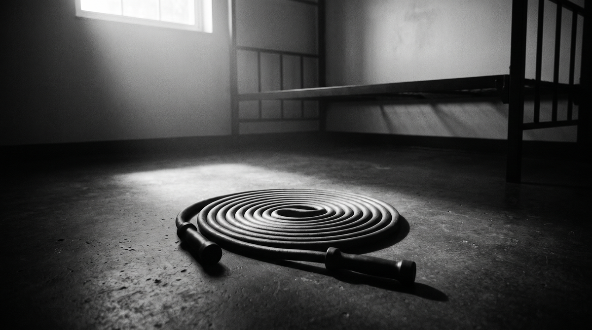 A single weighted jump rope coiled on a dark concrete floor in a quiet, minimal room, high-contrast black-and-white editorial photograph