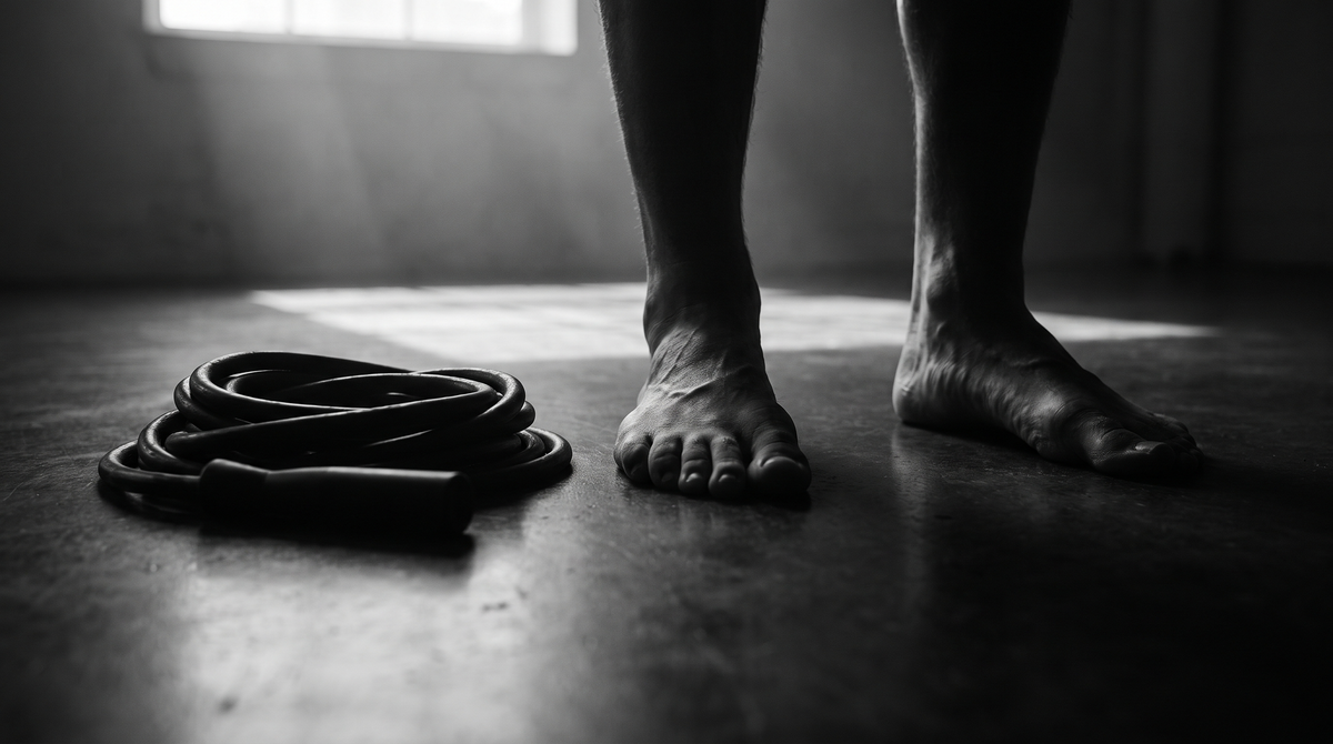 Black and white editorial photograph of bare feet standing beside a coiled weighted jump rope on a dark studio floor